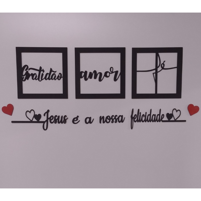 Kit 3 Quadros Decorativos + Frase Com 2 Mini Apliques de Coração Frase de Parede Quarto Ou Sala