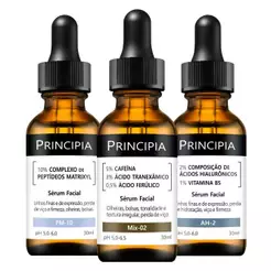 Principia Kit Cuidado Facial Completo c/ 3 Séruns: Ácidos Hialurônicos AH-2+ Peptídeos PM-10 + Sérum AntiOlheiras Mix-02