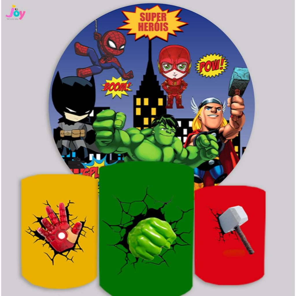 Kit Trio Capas Cilindros + Painel Vingadores Hulk Thor Homem de Ferro