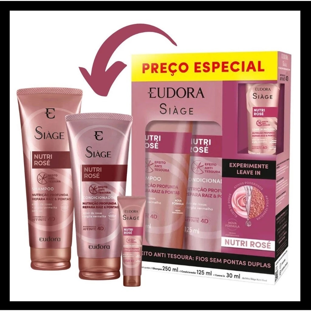 KIT PROMOCIONAL SIAGE NUTRI ROSE 3 PRODUTOS - SHAMPOO + CONDICIONADOR + LEAVE-IN em Oferta na Shopee