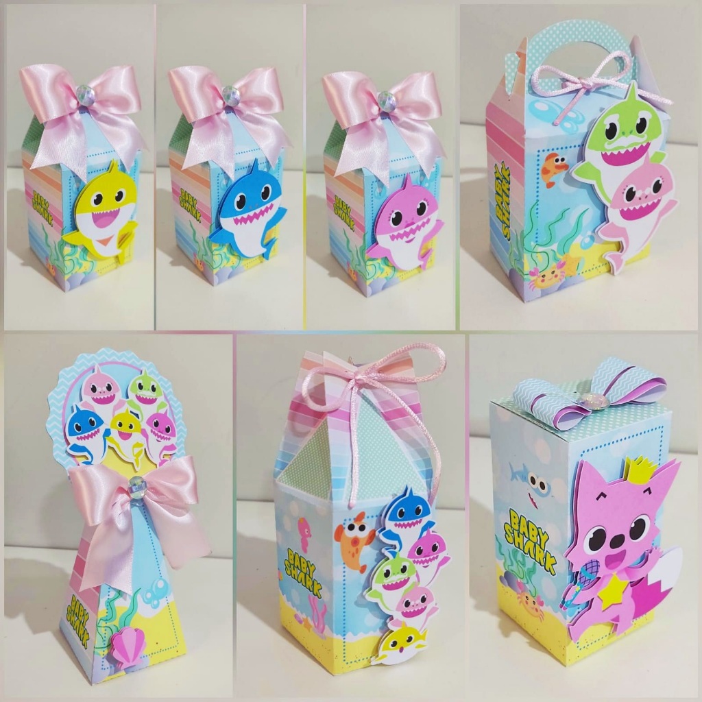 Kit com 5 Caixas Personalizadas Baby Shark Rosa 3D