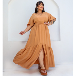 Vestido Longo Plus Size Drapeado em Oferta na Shopee