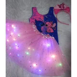 kit fantasia infatil stitch angel 3pçs saia de tule leds body e tiara. em Oferta na Shopee
