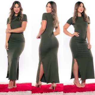 Vestido Manga Curta Longo Com Fendas Laterais em Oferta na Shopee