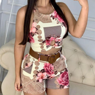 Conjunto Feminino Short Com Cinto e Cropped Com Bojo Roupas Femininas Conjuntinho