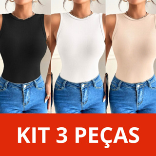 KIT 3 Blusinha Regata Canelada Ribana Básica Tendência Básica em Oferta na Shopee