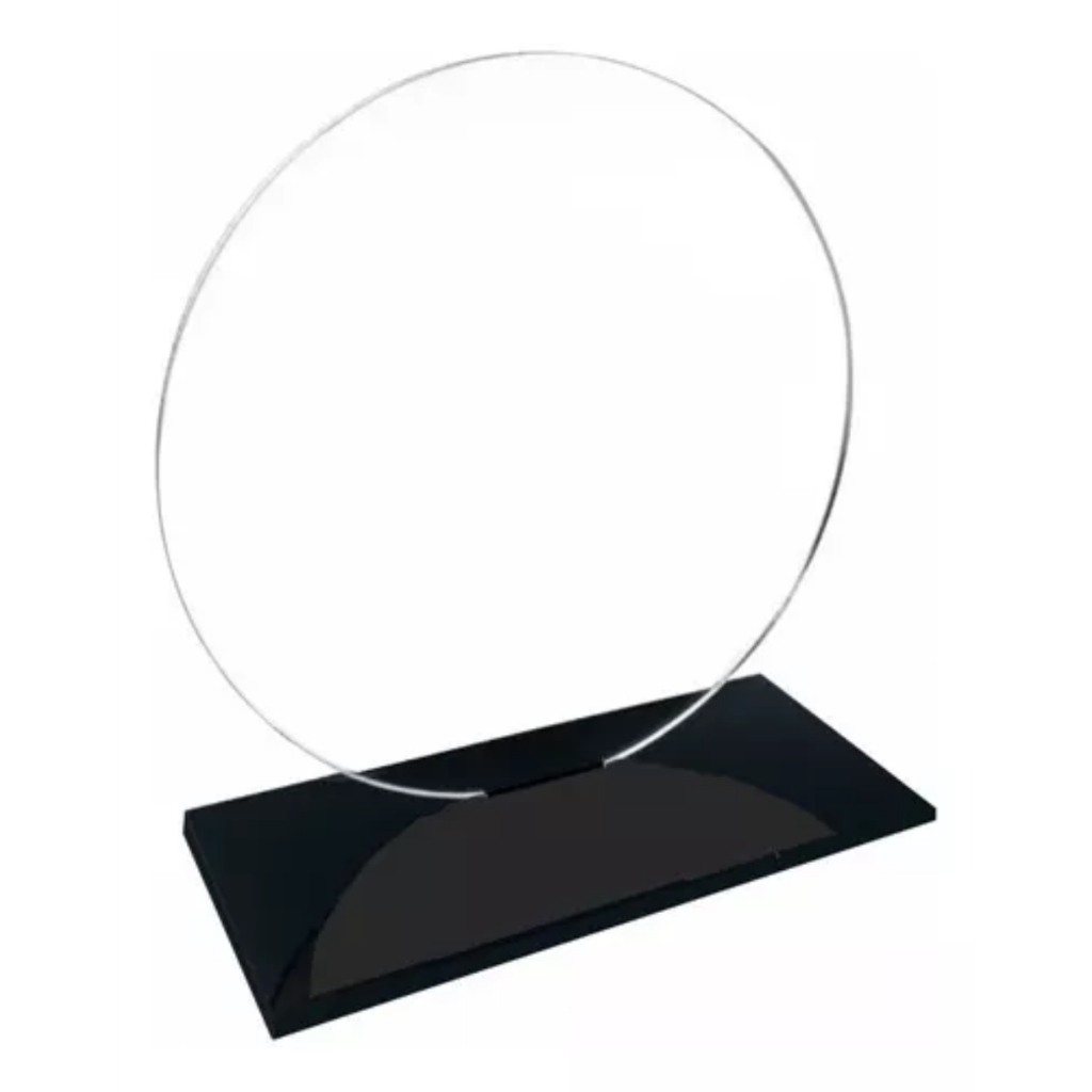 Troféu Acrilico Cristal 2mm15,5 cm CIRCULAR REDONDO C/base Preta para personalização VERSATIL