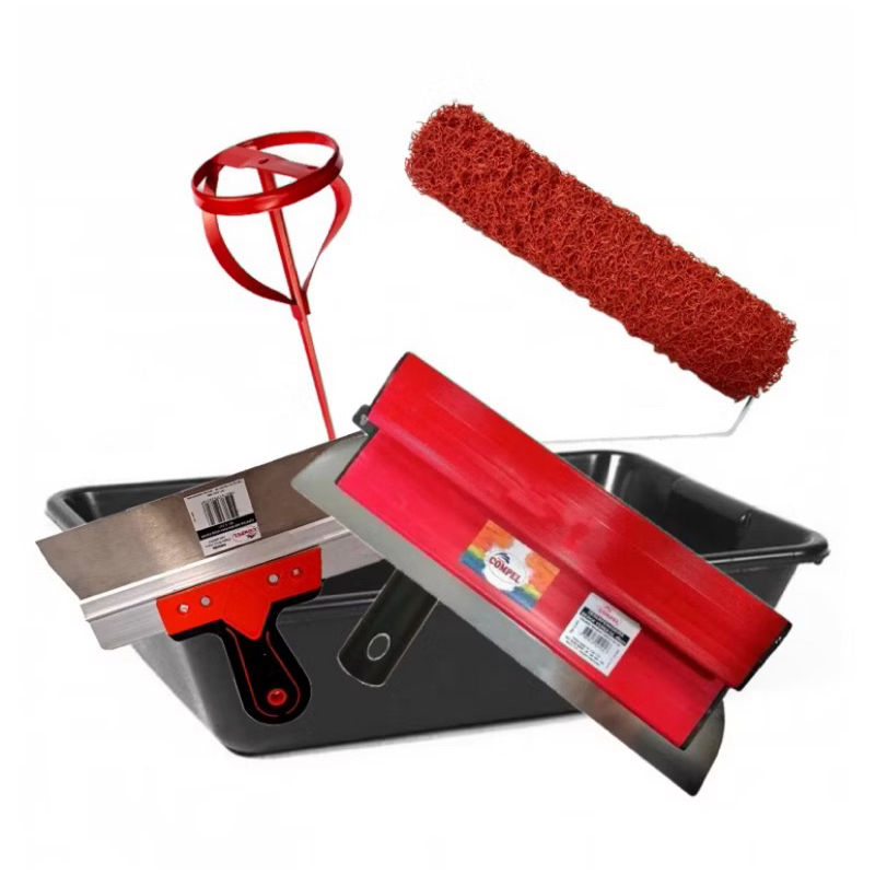 Kit Massa Corrida Rolada 5 Pçs Desempenadeira Aço Inox / Espátula 25cm/ Misturador/ Rolo 23cm /Badeja