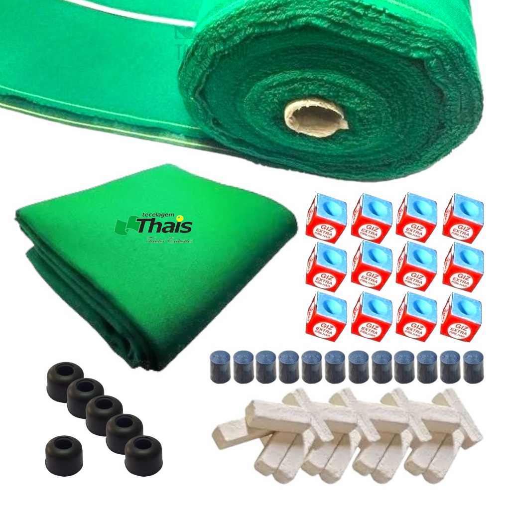 Pano Mesa de Sinuca 2,25 M x 1,30 M Tecido Acrílico Verde Thais Bilhar Kit Giz Azul Ponteira Reparo