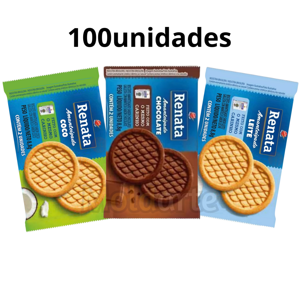 100 Unid Biscoitos Amanteigados em sachê 8,8g Renata biscoito doce chocolate/leite/coco em Oferta na Shopee