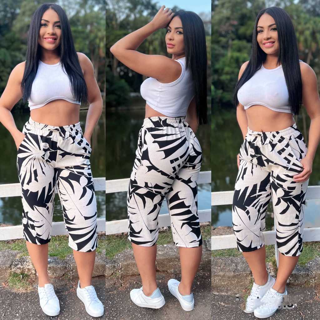 calça pantalona estampado de viscose forrado de cos alto em Oferta na Shopee