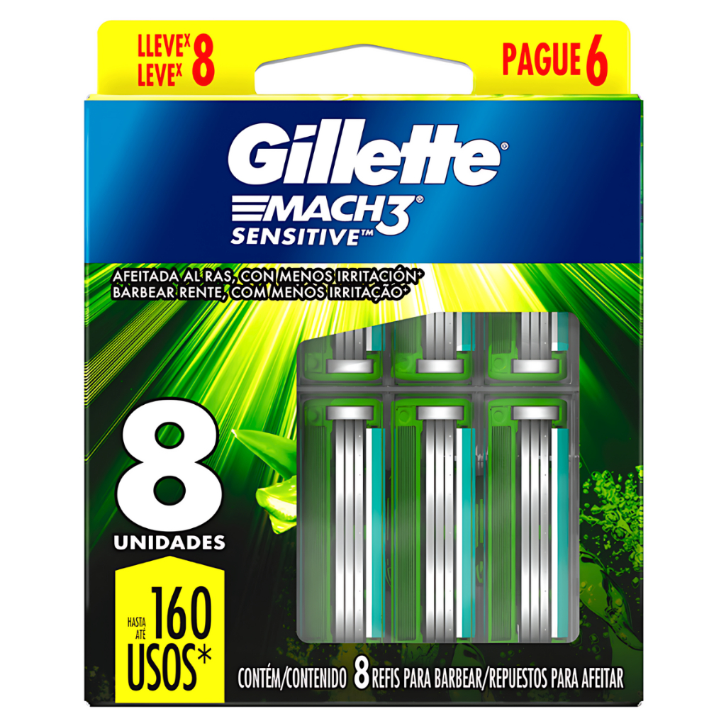 Gillette mach3 Sensitive Carga com 8 Unidades Refil lâminas Cartucho barbear em Oferta na Shopee