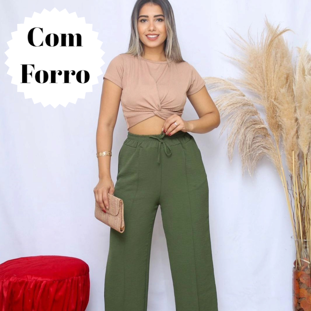 Calça Pantalona Duna Wide Leg Feminino Com Forro Elastico na Cintura e Bolso em Oferta na Shopee
