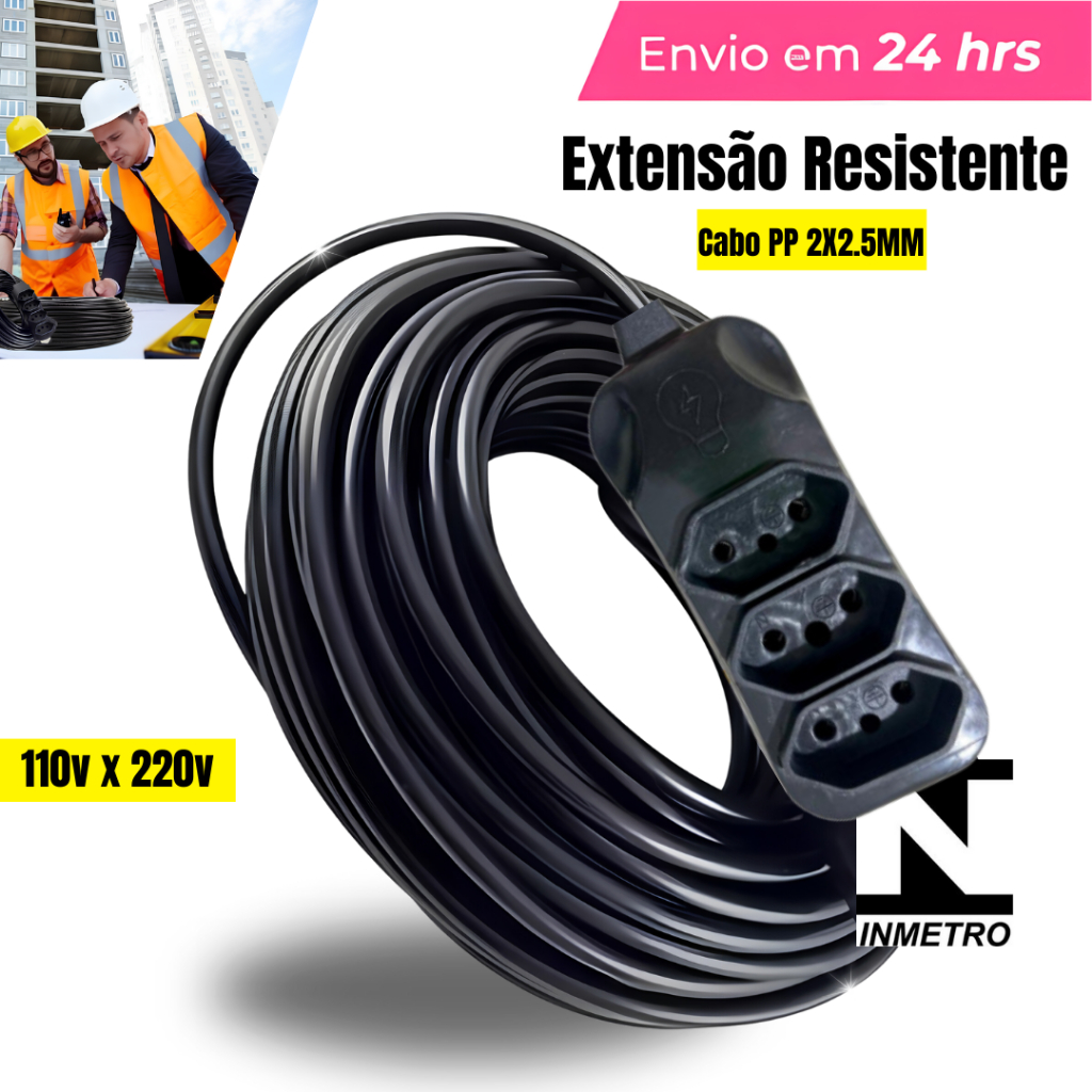 Extensão Elétrica CABO PP 2x2.5mm 20A/10A Resistente 3/ 5/15/20/25/30 (METROS) em Oferta na Shopee