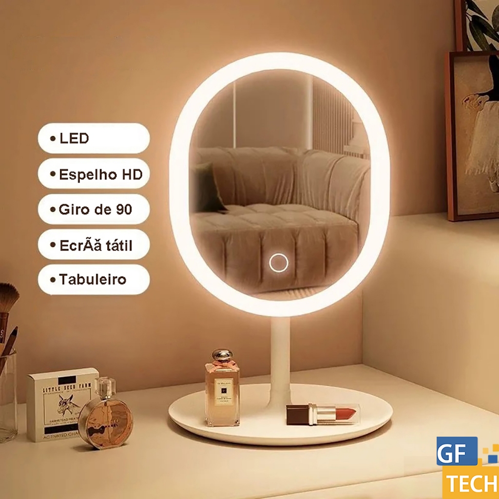 Espelho Com Led 3 Cores Para Maquiagem Com Botão De Toque Sem Fio Portátil Inteligente Recarregável