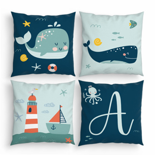 4 Capas para Almofadas Decorativas Fundo do Mar com Inicial do Nome - Quarto Infantil em Oferta na Shopee
