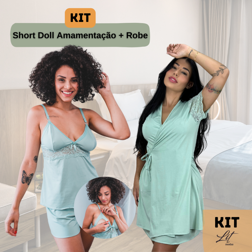 KIT 2 Peças - Robe e Baby Doll Amamentação com Renda Confortável Pós-parto Gestante Saída Maternidade Pijama Roupa de Dormir -  BeLIT Linha Noite