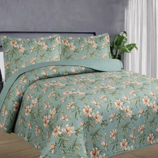Kit Colcha Estampada Floral Dupla Face Cobre leito 03 Peças Super Macio Elegance