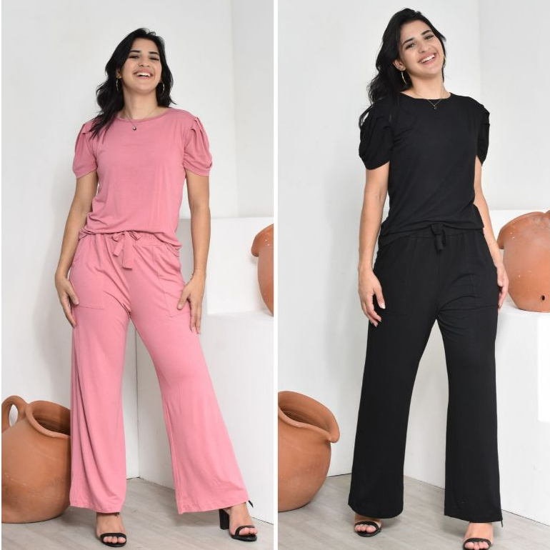 Kit 2 Conjuntos Feminino Blusa Manga Princesa Plissada + Calça Pantalona Cintura Alta Visc...