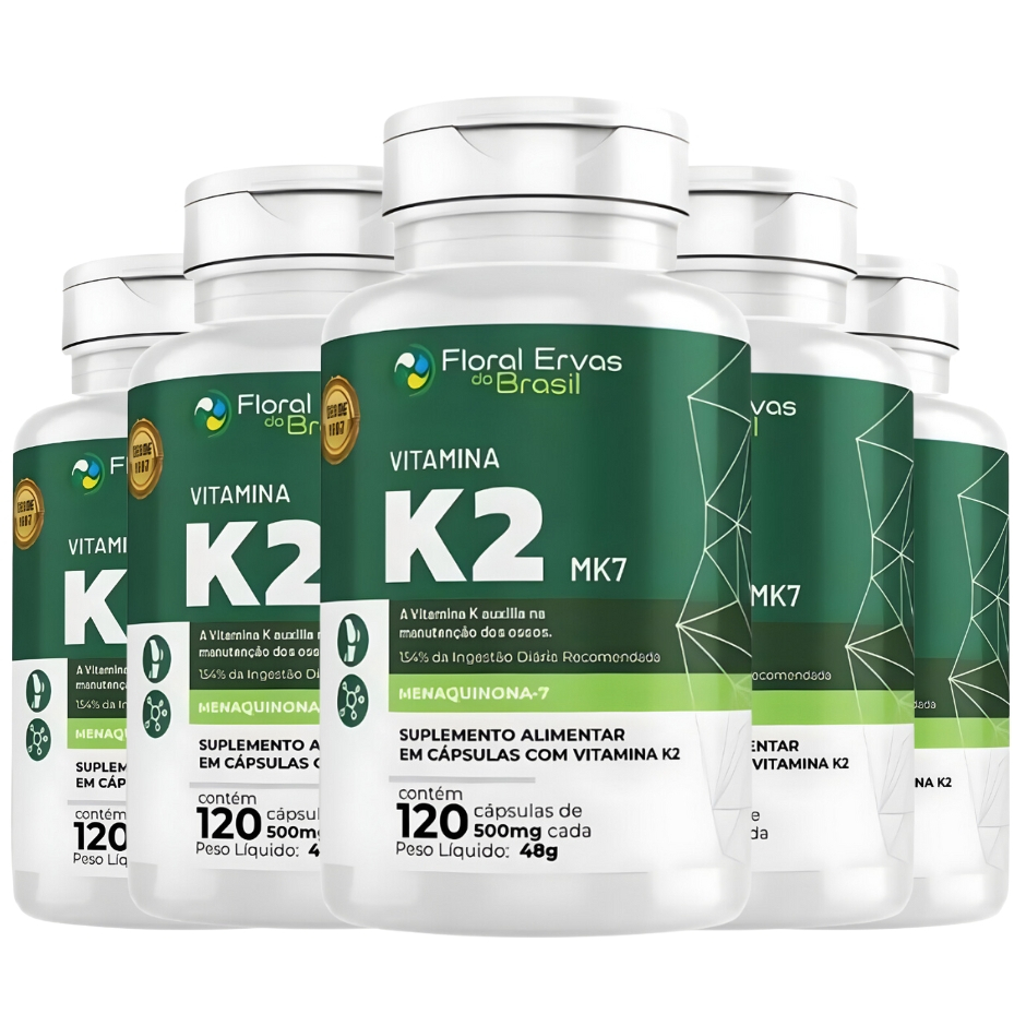 KIT C/5 Un. Vitamina K2 Mk7 Menaquinona 7 Pura 120 Cápsulas - Floral Ervas do Brasil