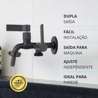 Torneira Tanque Máquina de Lavar Lavanderia Duas Saídas Preto Fosco Metal Luxo