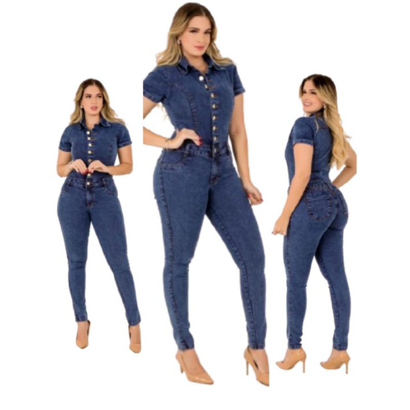 Macacão Jeans Feminino Manga Curta Liso Laycra Lux