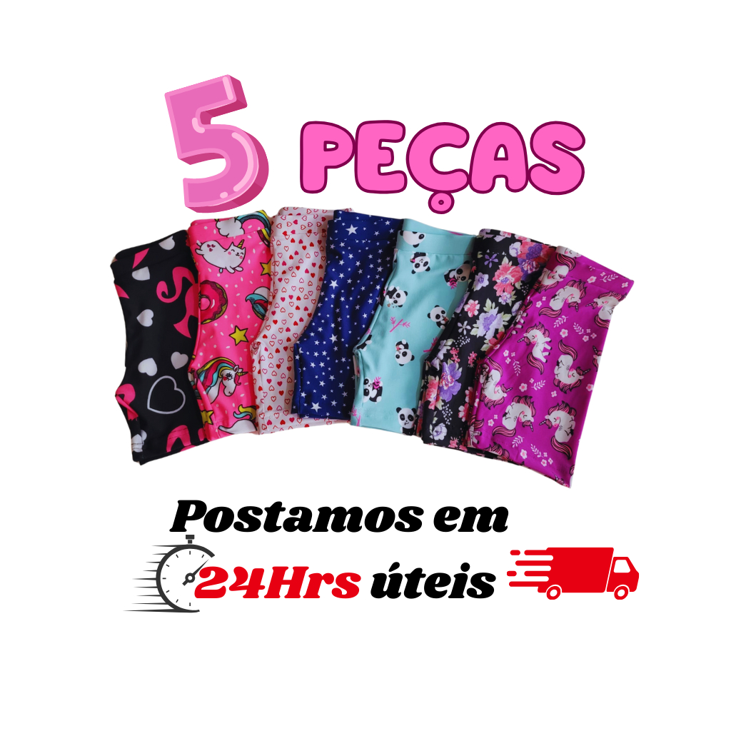 KIt 5 Shorts legging Infantil bermuda para crianças em Suplex cores sortidas estampadas