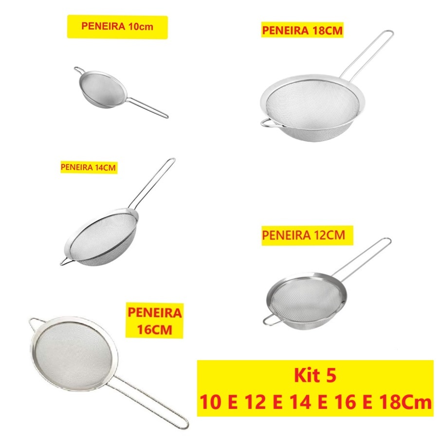 Conjunto 5 Ou 3 Peças Peneiras Coadores Inox 18Cm 16Cm 14Cm 12Cm 10Cm Para Grãos Farinhas Universal