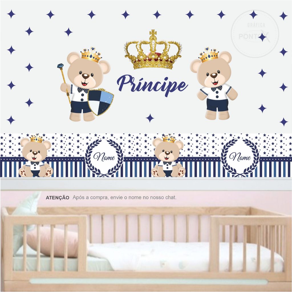 Kit Adesivos + Faixa Personalizada de Parede Ursinho Príncipe Realeza Com Nome 50 Adesivos Quarto Bebê Menino