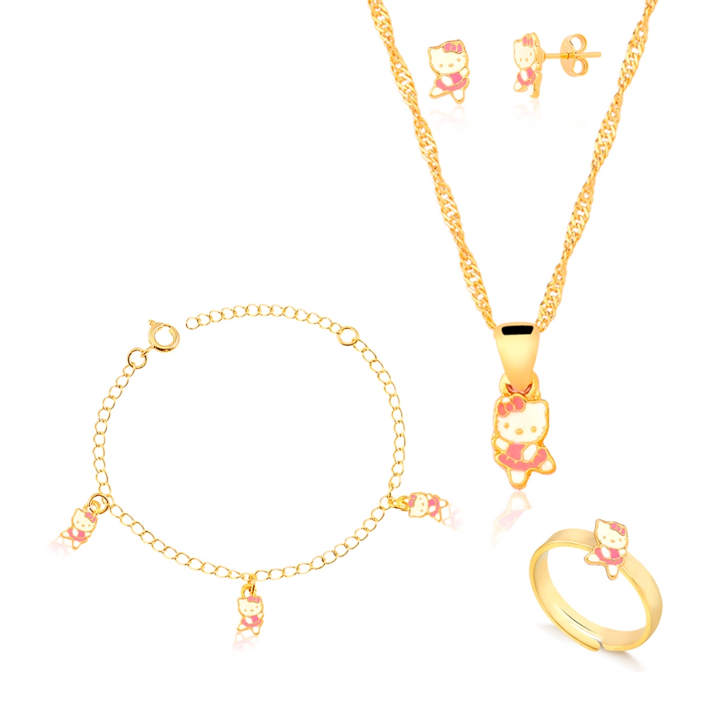 Kit Conjunto Infantil Hello Kitty com Colar, Pingente, Brinco, Pulseira e Anel Regulável Banhado a Ouro 18k