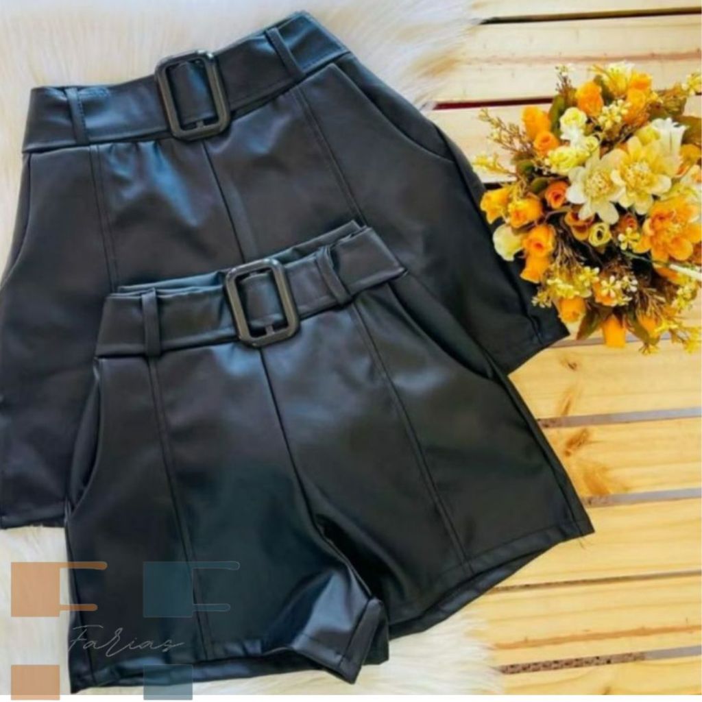 Combo 2 Short Em Couro Fake No tecido Cirre Cintura Alta Curto Com Cinto Ajustável em Oferta na Shopee