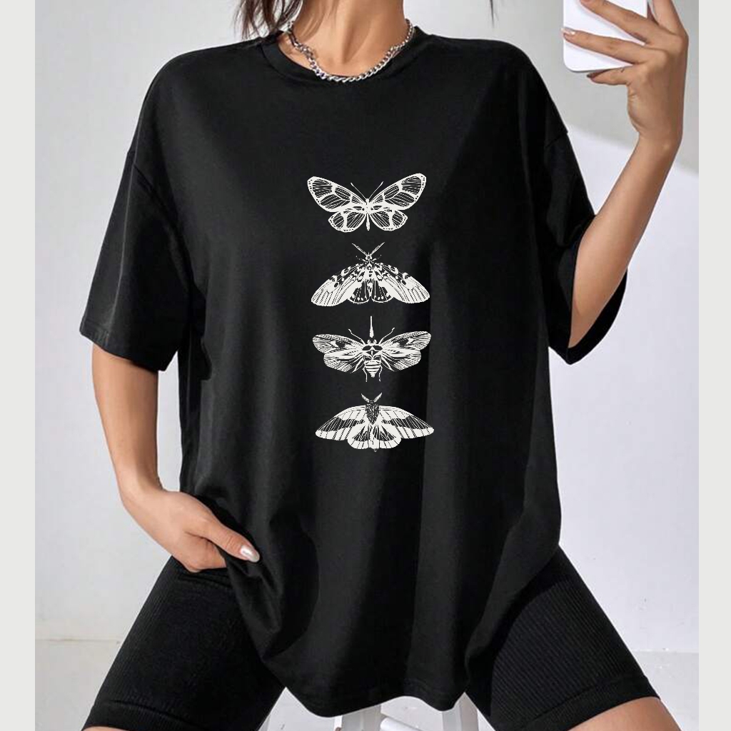 Camiseta Borboleta Estampada Preta 100% Algodão Fio 30.1 Oversized Streetwear Feminino Masculino
