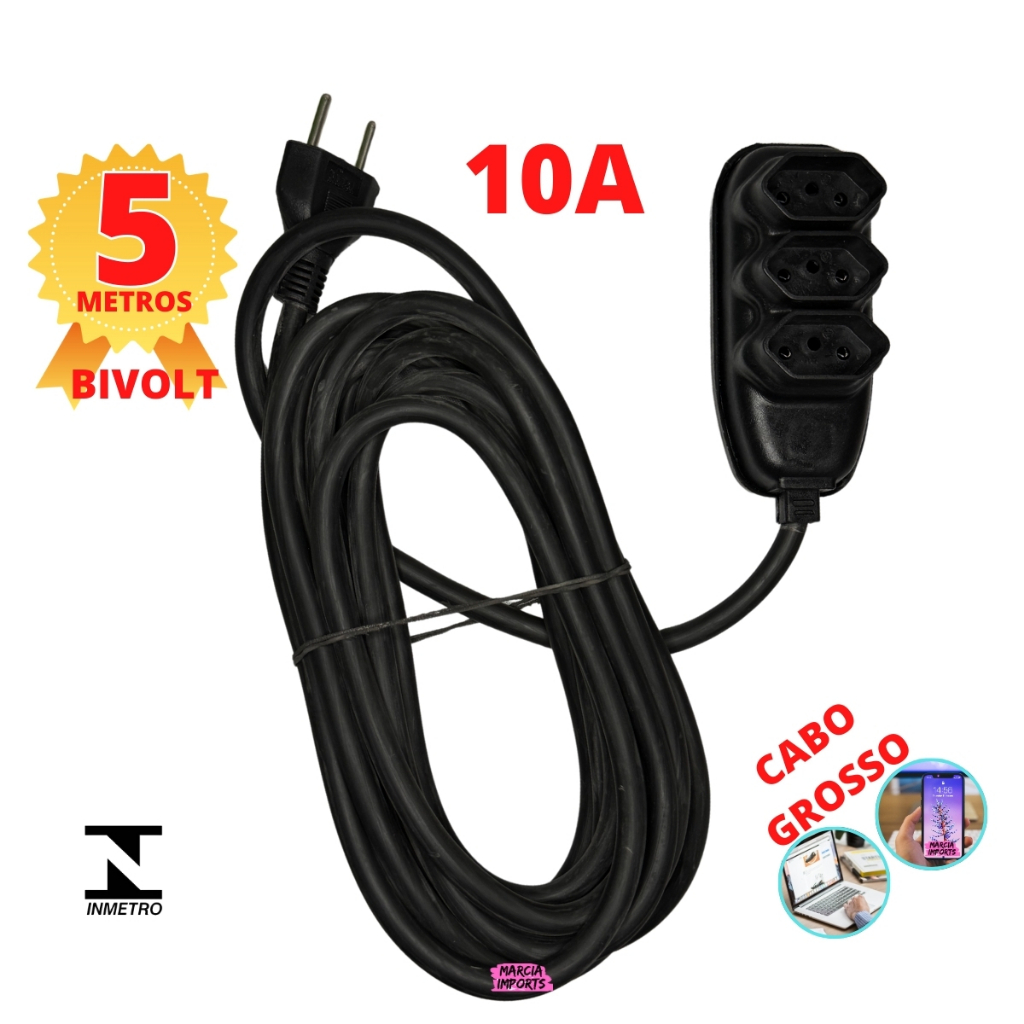 Extensao Eletrica cabo pp 2X2,5 5 Metros de cabo Preto Extensao de Energia Bivolt 10A