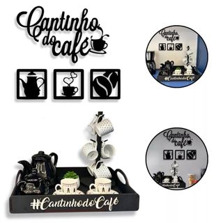 Kit Cantinho do Café Bandeja Grande + Placa Decorativa Em MDF Preta Diversos Ambientes