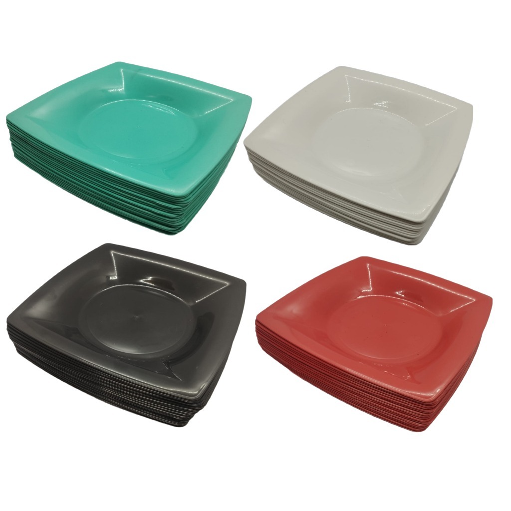 Kit Pratos Quadrados Fundos Plástico Reutilizável Modelo 2 - Refeições Festas Lanches
