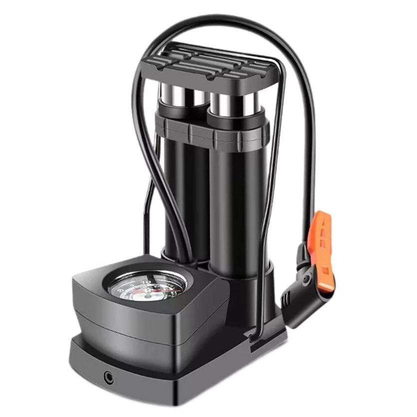 Bomba de Ar Portátil Alta Pressão com Pedal p/ Encher Pneus Bola Boias com Manômetro e 2 Bicos
