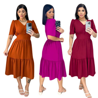 Vestido Midi Liso Duna Feminino Com Elastex Atrás na cintura / Manga Bufante / Gola V