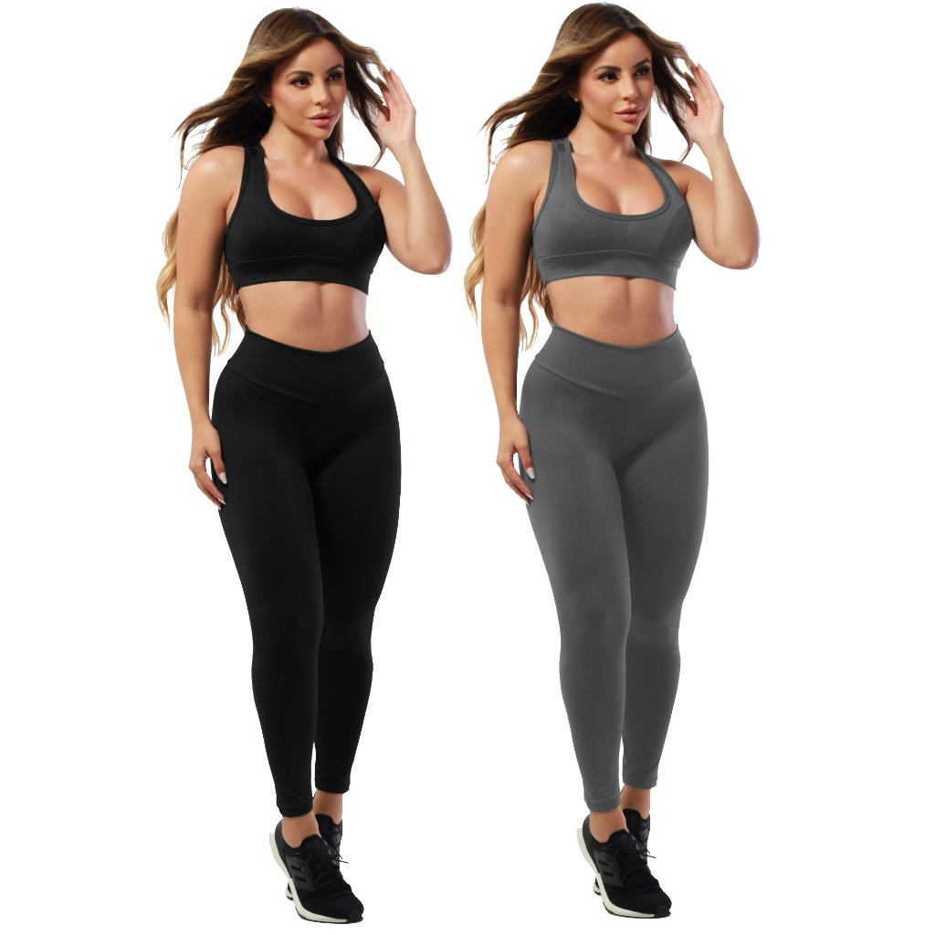 kit 2 Conjuntos Calça Legging + Top Nadador Moda Fitness Feminina Roupas Para Academia Suplex A03