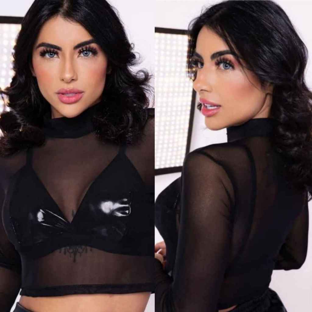 Cropped Tule Feminino Manga Longa Preto + Top Vinil Feminino Balada Envio Imediato