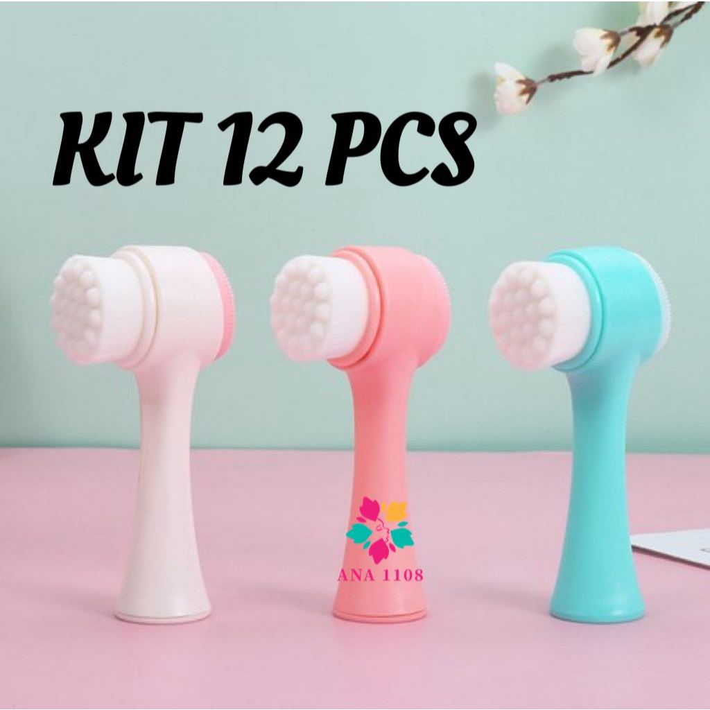 ANA 1108 KIT 12 PCS Escova Limpeza Facial 2Em1Aparelho Massagem Esponja Cerdas Macias Dupla Face Escova De Limpeza