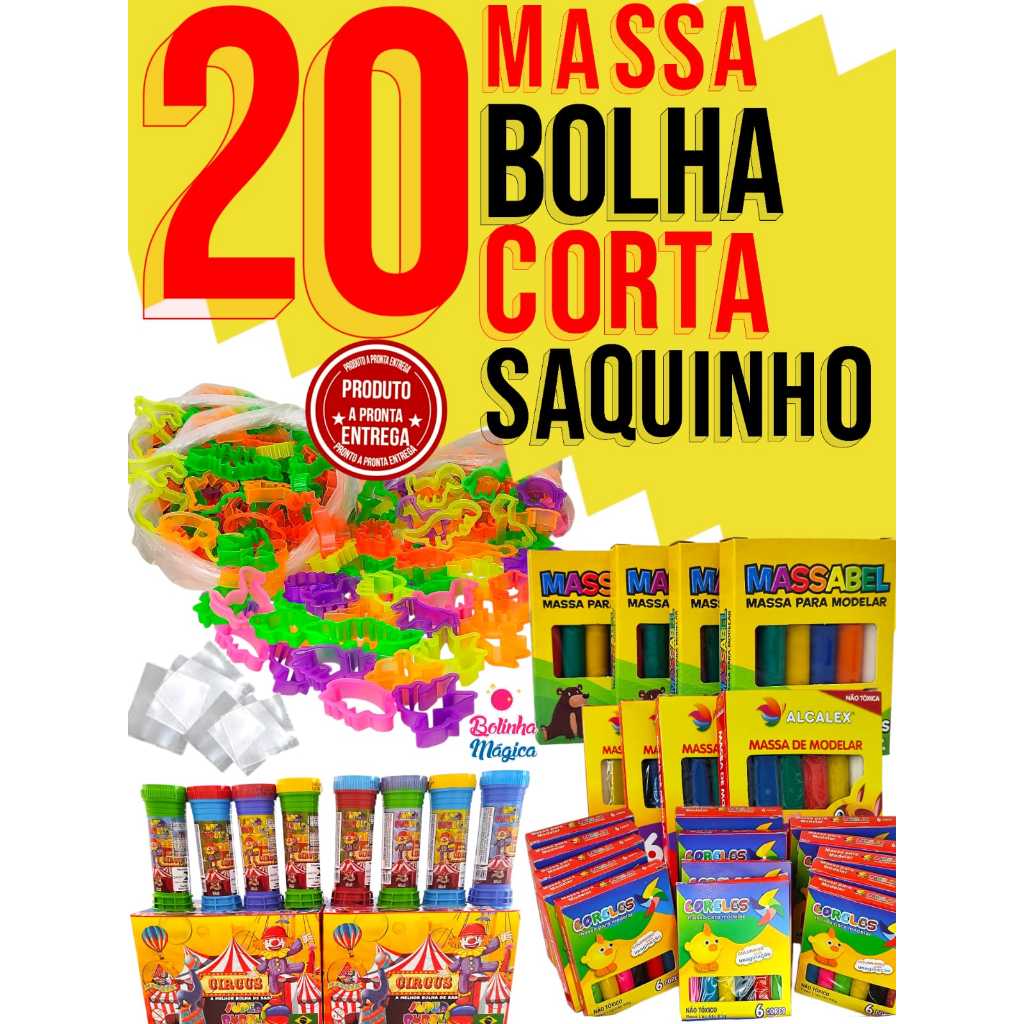 KIT LEMBRACINHA COMPLETO 20 Massinha de Modelar + 20 Bolha de Sabao + 20 Cortador + Saquinho Festa em Oferta na Shopee
