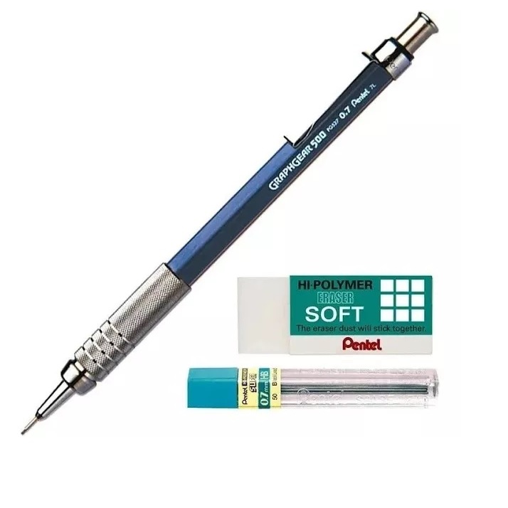 Kit Lapiseira Pentel Graphgear 500 0,7mm Grafite Borracha em Oferta na Shopee