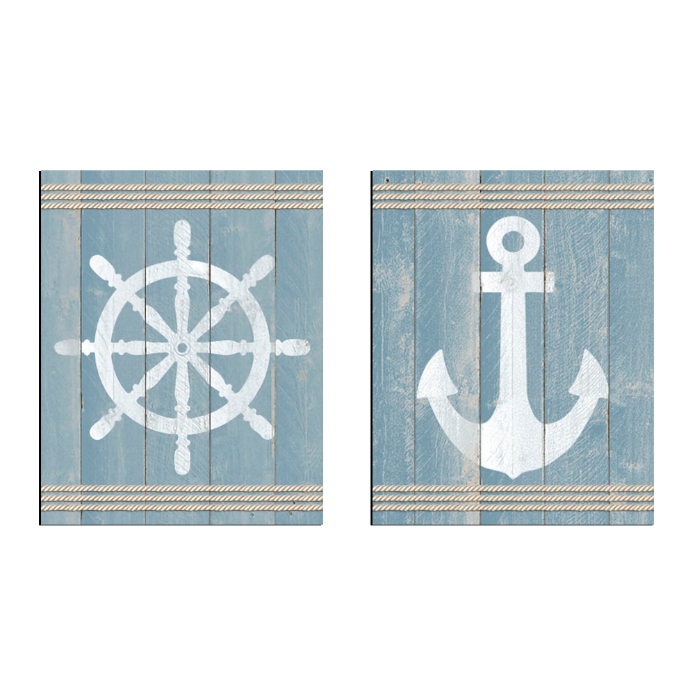 Kit Quadros Decorativos em MDF Adesivada com Juta - Leme e Ancora de Navio