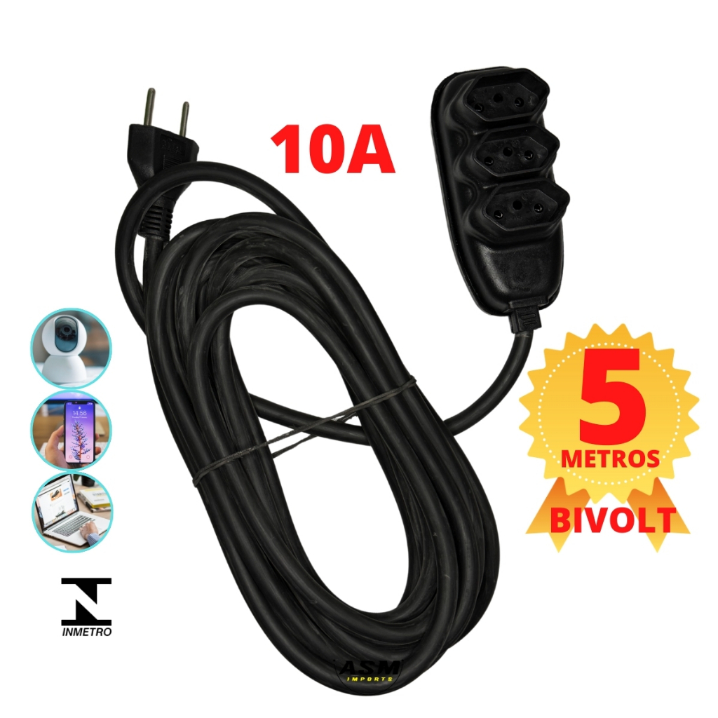 Extensao Eletrica 10 Amperes com 5 metros de cabo grosso Extensao Eletrica Bivolt 2 pinos