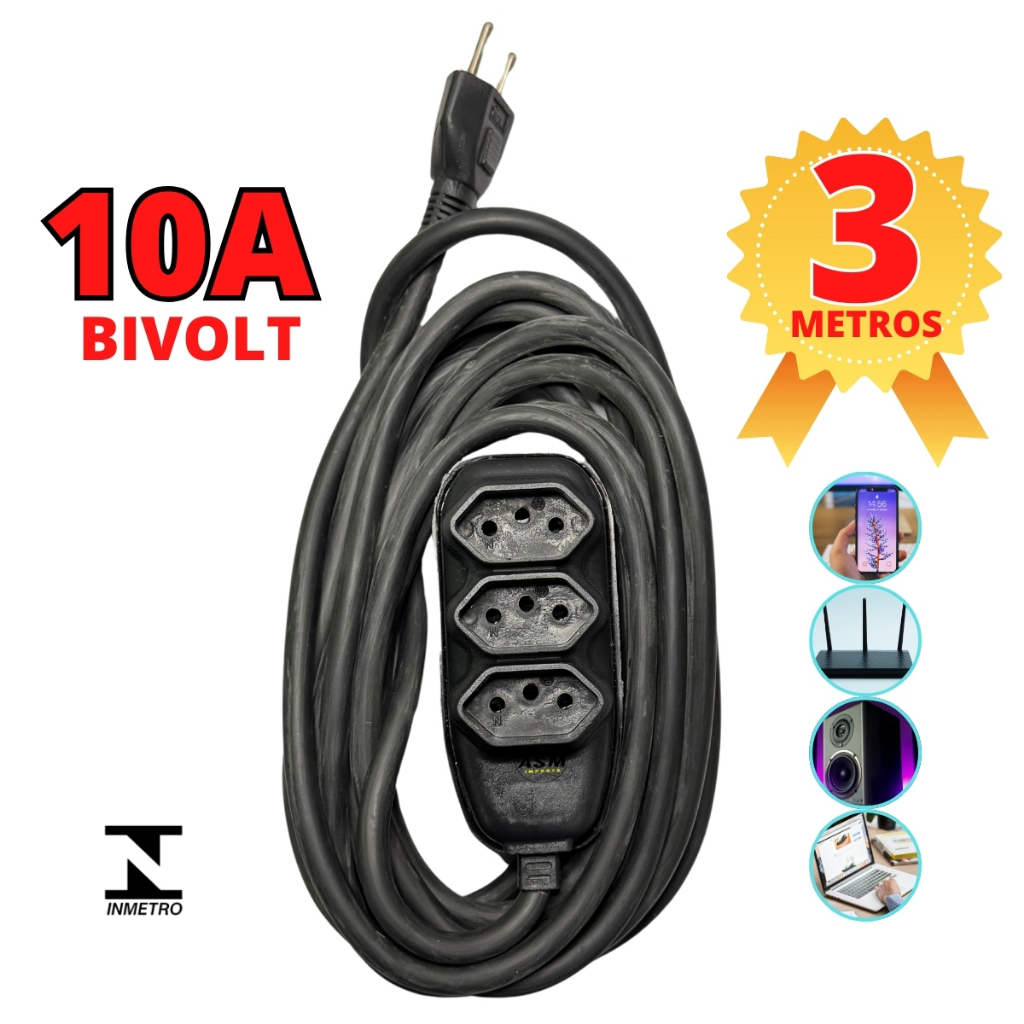 Extensao de Energia com 3 metros de cabo 2 pinos bivolt Extensao Eletrica cabo grosso preto 10A