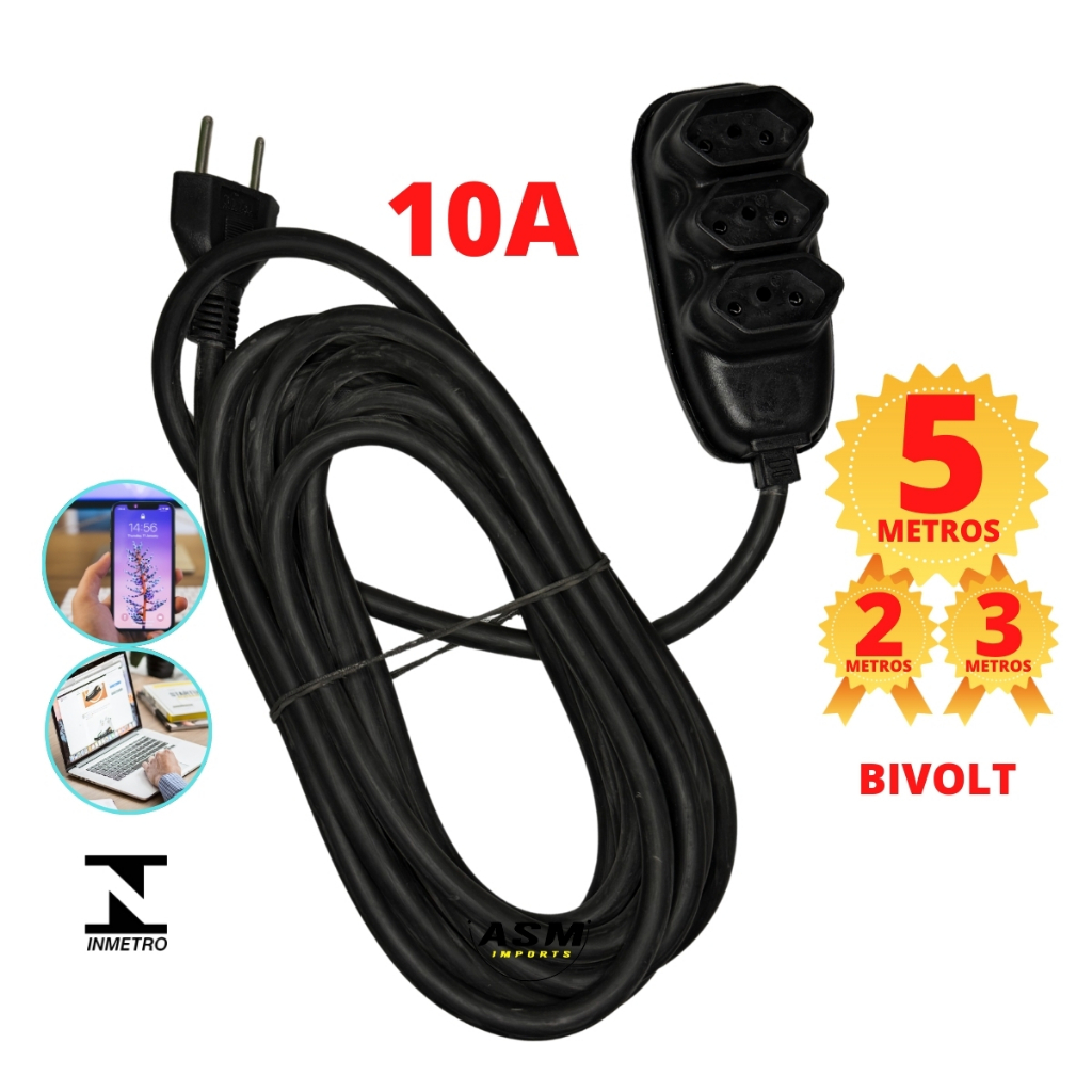 Extensao de 5, 3 e 2 metros com Cabo Grosso Bivolt 10A Extensao de Energia Preto 2 Pinos