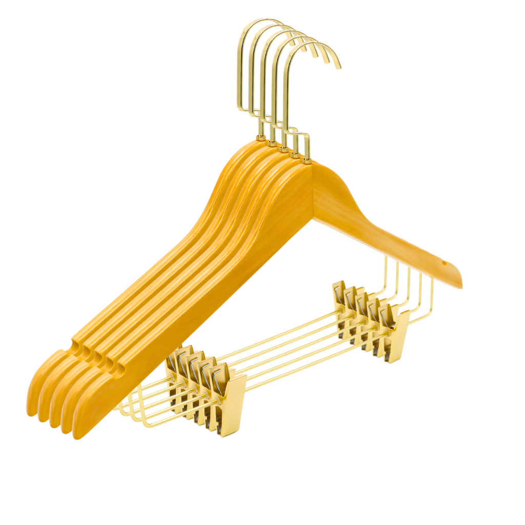 5 Cabides de Madeira com Presilha Dourado Ouro Italiano Luxo  Adulto Tradicional Laqueado