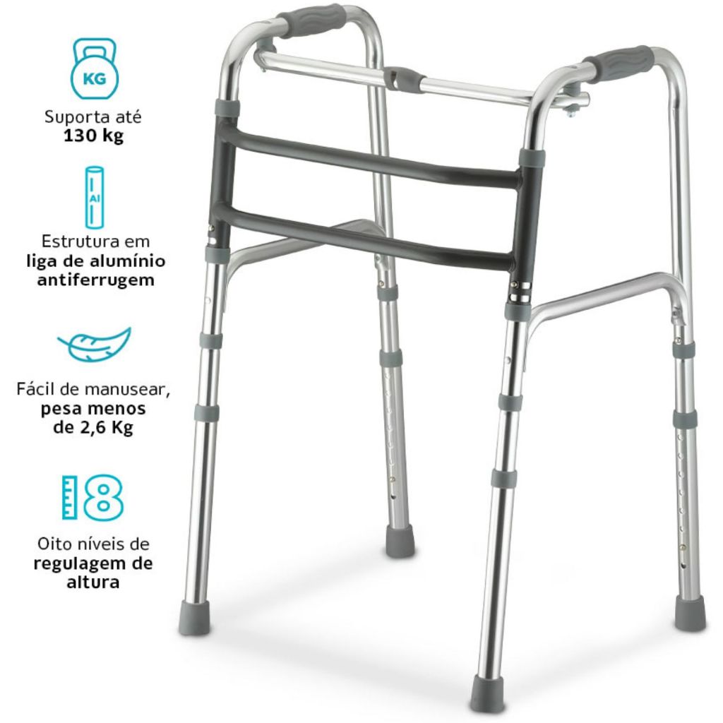 Andador idoso adulto 130kg alumínio dobrável regulável articulado em Oferta na Shopee