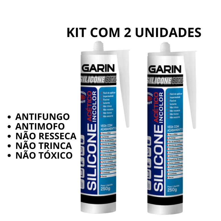 KIT COM 2 Silicone acético antifungo e antimofo 250g Garin alta resistência INCOLOR PRETO BRANCO
