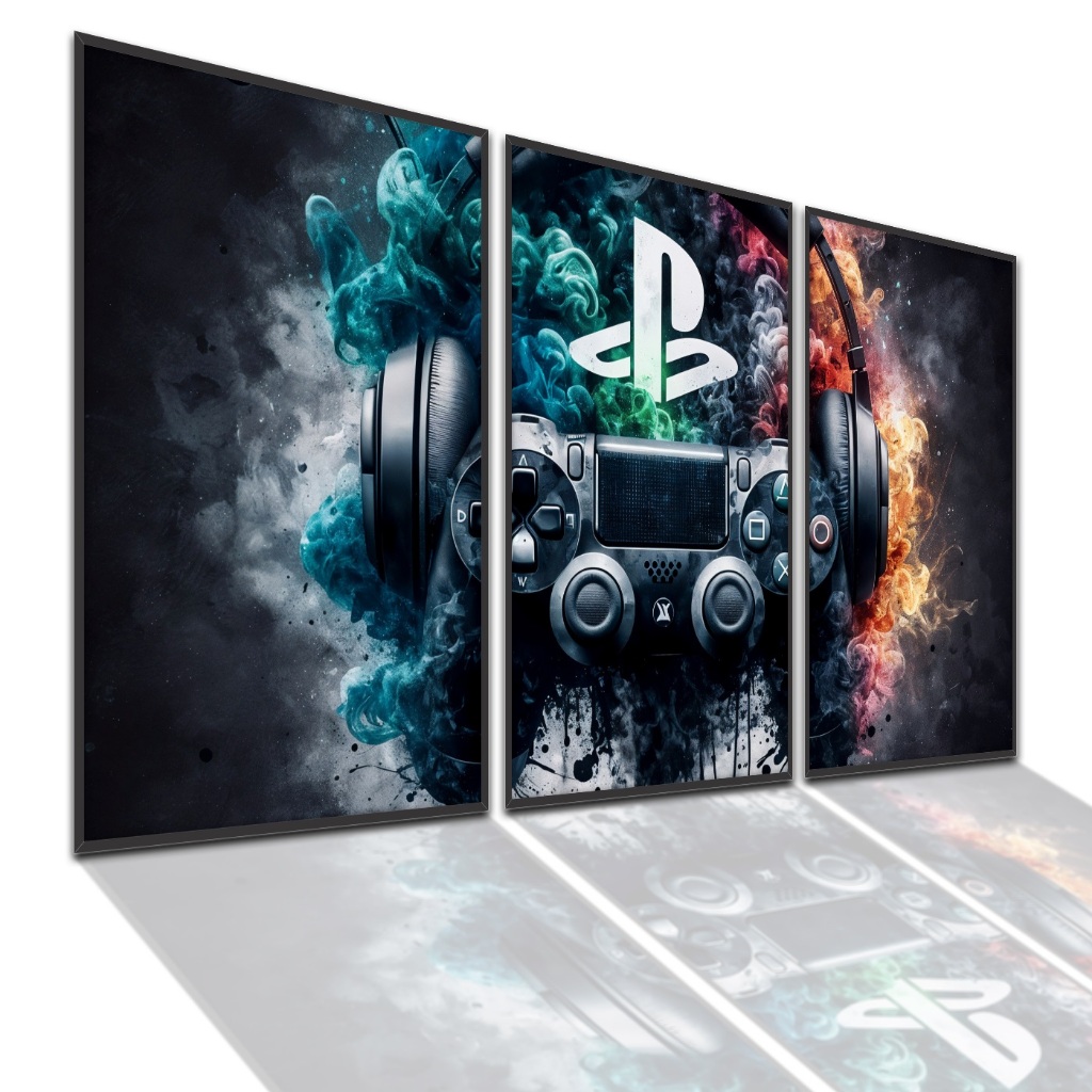 Quadro Decorativo Controle Playstation Aquarela Sony Gamer Para Quarto Sala Escritório Moderno